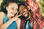 Interracial couple, park selfie and peace on grass with love, happiness and relax on holiday. Black man, woman and profile picture on lawn for social network app with romance, funny and comic time