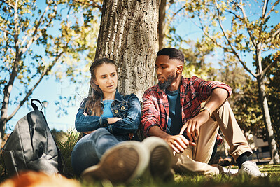 Buy stock photo Hiking, couple and argument in a forest about location, direction or cheating confession on nature background. Divorce, conflict and man with woman in crisis while camping in the woods together