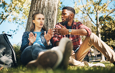 Buy stock photo Interracial couple, fight and outdoor with upset young people angry on summer holiday. Conversation, conflict and break up discussion of a woman and man sitting by tree together talking about problem