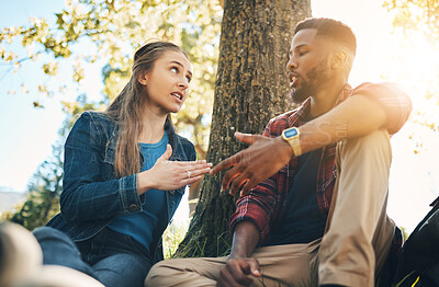 Buy stock photo Conversation, argument and interracial couple in conflict in a park for communication about divorce. Angry, fight and black man and woman speaking about a relationship problem on a date in nature