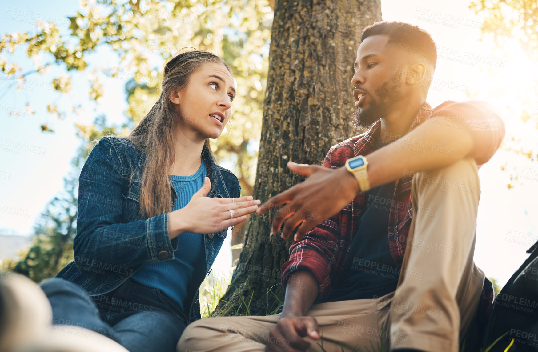 Buy stock photo Conversation, argument and interracial couple in conflict in a park for communication about divorce. Angry, fight and black man and woman speaking about a relationship problem on a date in nature