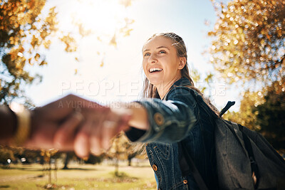Buy stock photo Leading, trust and couple holding hands in nature for adventure, hiking and travel in Portugal. Affection, love and man and woman in a park for walking, vacation and traveling together on a trip