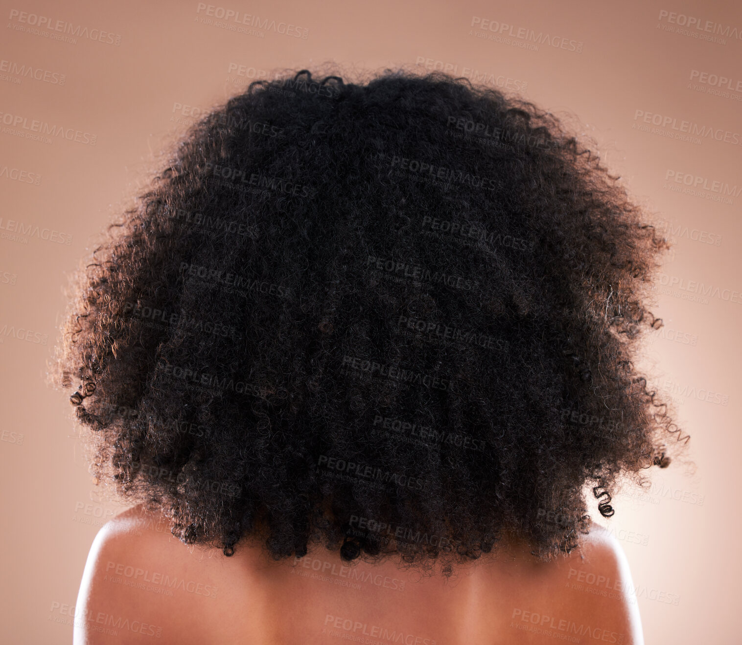 Buy stock photo Natural hair, black woman with afro and beauty, haircare and cosmetics with back on studio background. Female, cosmetic treatment with curly hairstyle, rear view and texture with hygiene and grooming