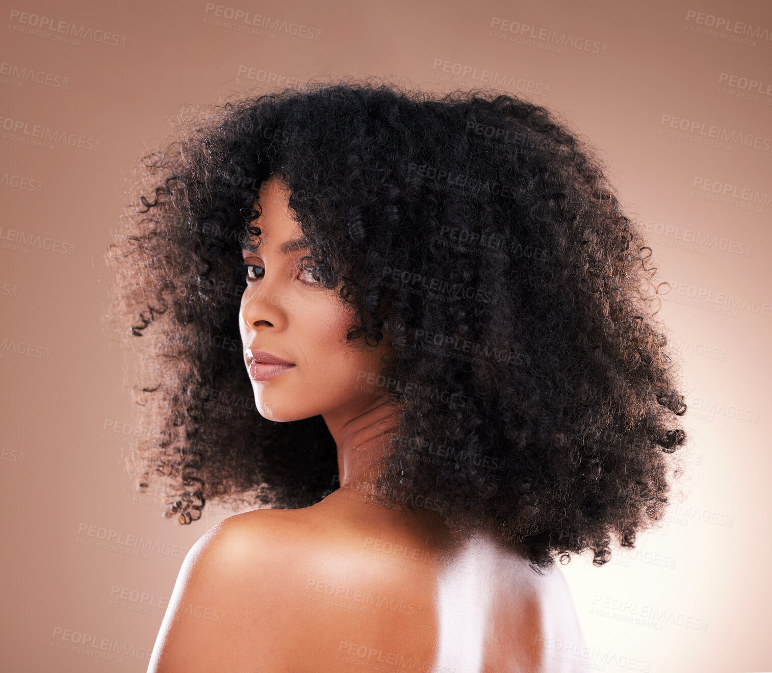 Buy stock photo Natural hair, black woman with afro and beauty, haircare and cosmetics, face and skin on studio background. Female, cosmetic treatment with curly hairstyle, facial and texture, hygiene and grooming