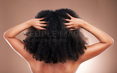 Buy stock photo Hands in hair, black woman with afro and beauty, haircare and cosmetics with back on studio background. Female, natural cosmetic treatment with curly hairstyle, rear view and texture with grooming