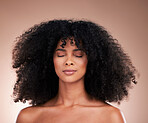 Natural hair, black woman with afro and face, haircare and skincare for beauty on studio background. Female, cosmetic treatment and curly hairstyle, calm and content with texture and facial skin glow