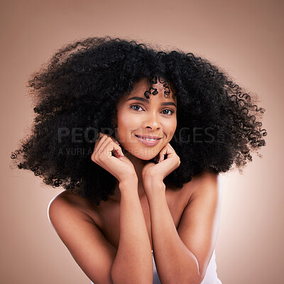 Buy stock photo Hair, afro and portrait of black woman with smile on brown background for wellness, shine and natural glow. Salon, luxury beauty and happy girl face with curly hairstyle, texture and growth treatment