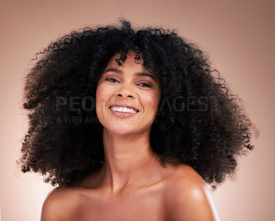 Buy stock photo Hair, face and smile with black woman in portrait, haircare and afro, cosmetics and happy person on studio background. Beauty, skincare and facial with curly hairstyle, female with cosmetic treatment