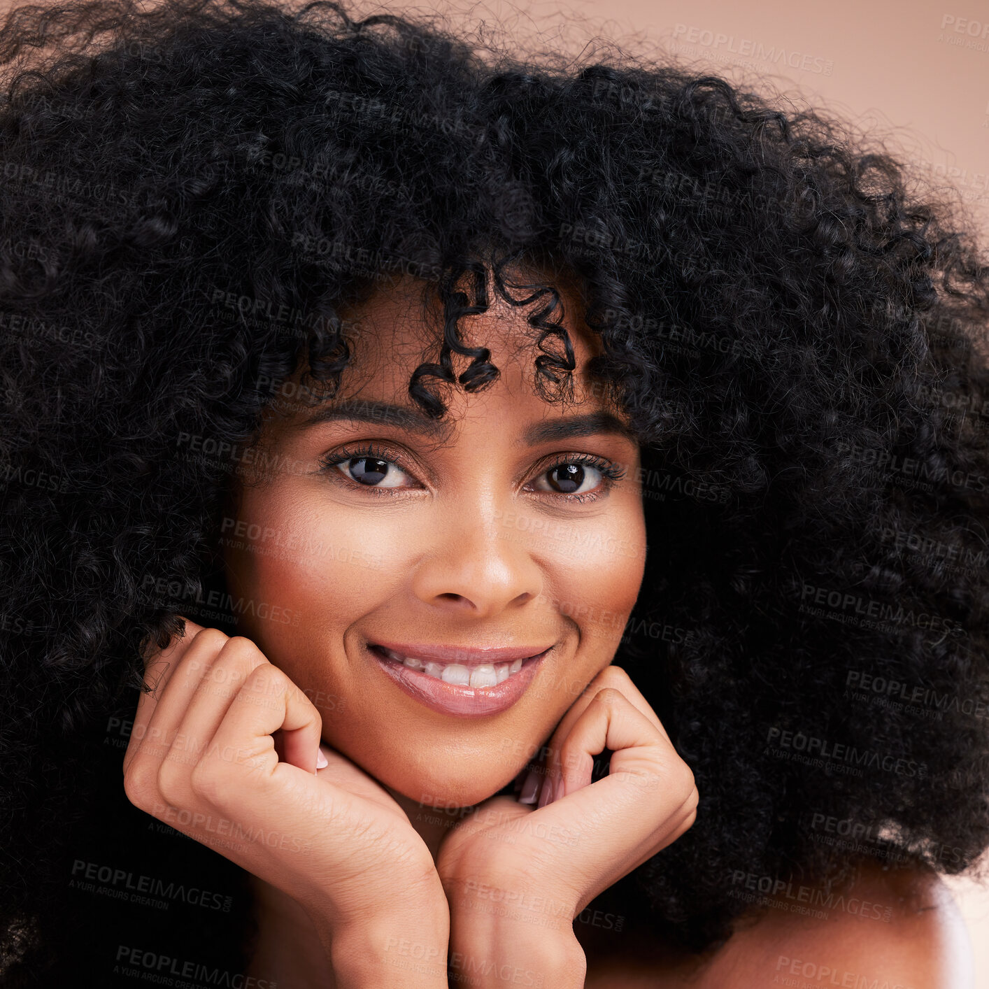 Buy stock photo Hair, beauty and portrait of black woman with afro on brown background for wellness, shine and natural glow. Salon, luxury treatment and face zoom of happy girl with curly hairstyle, growth and smile