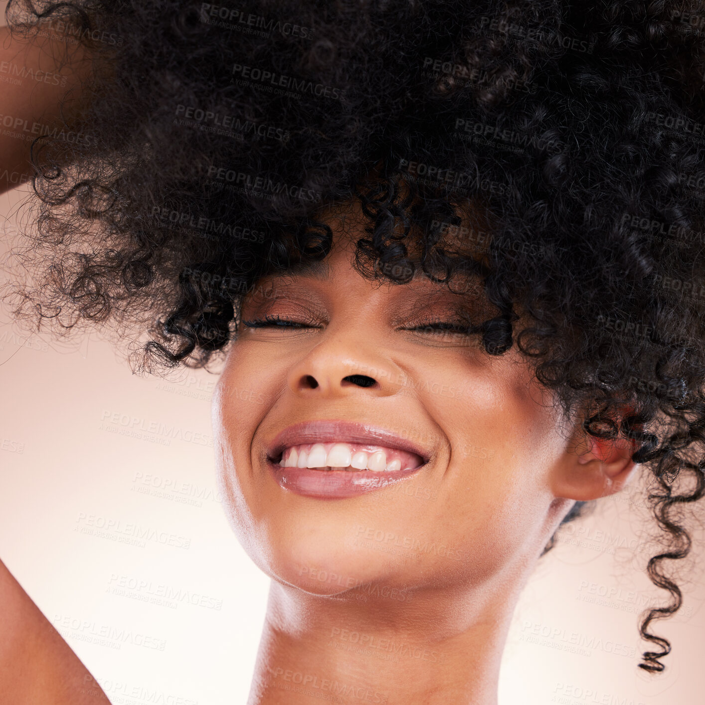 Buy stock photo Face, hair and smile with black woman, beauty and haircare with facial, teeth and happiness on studio background. Female, cosmetic treatment with curly hairstyle, closeup and texture with skincare