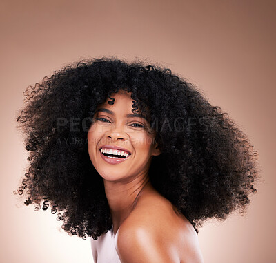 Buy stock photo Smile, hair and beauty portrait of black woman on brown background for wellness, shine and natural glow. Salon, luxury treatment and happy girl face with curly hairstyle, texture and afro growth