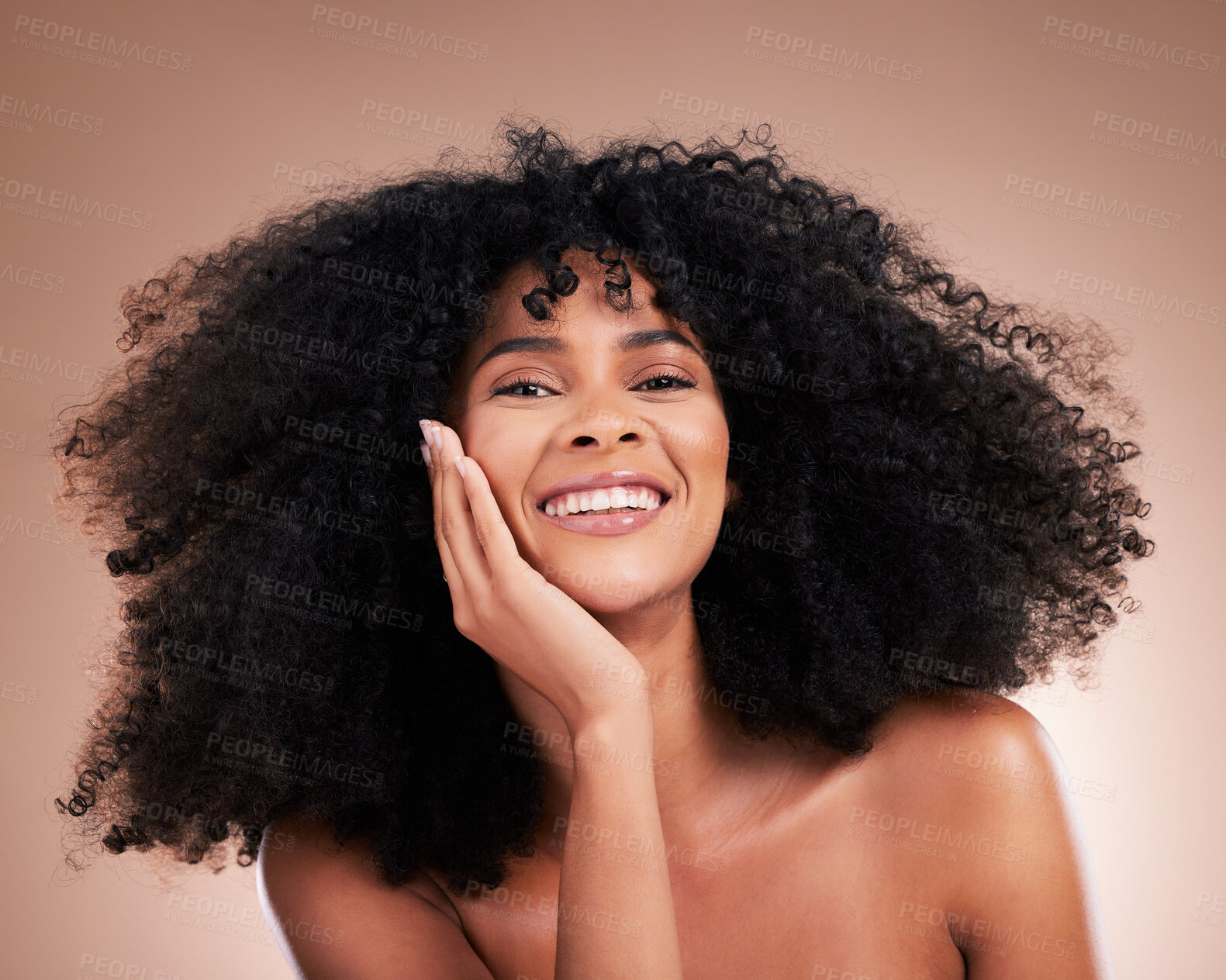 Buy stock photo Beauty, hair and face portrait of black woman on brown background for wellness, shine and natural glow. Salon, luxury treatment and happy girl with curly hairstyle, texture and afro growth