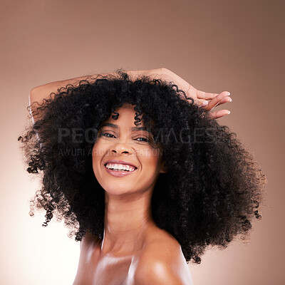 Buy stock photo Hair, beauty and portrait of black woman with smile on brown background for wellness, shine and natural glow. Salon, luxury treatment and happy girl face with curly hairstyle, texture and afro growth