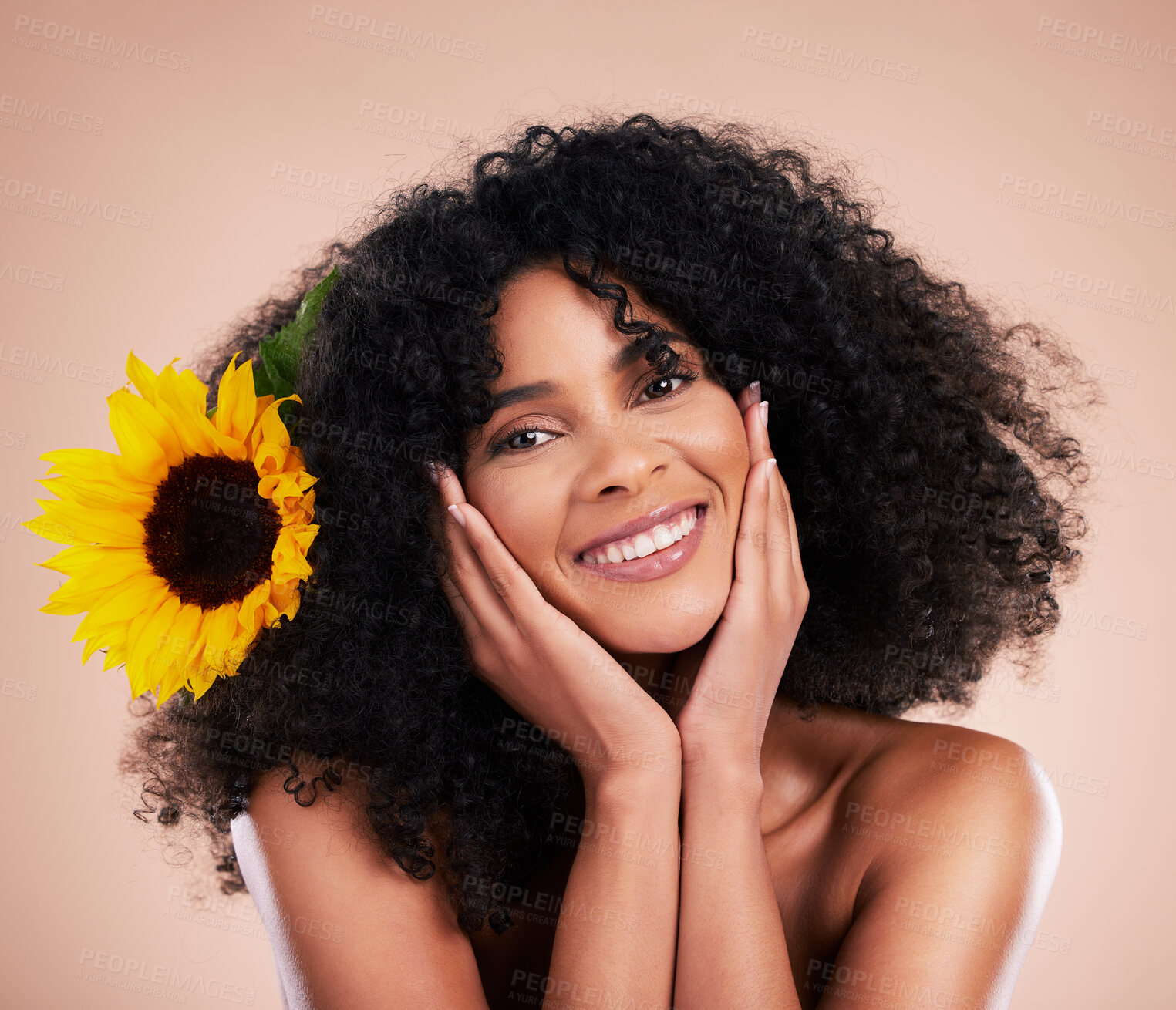 Buy stock photo Black woman, studio portrait and sunflower with skincare, beauty or cosmetic wellness by beige background. African gen z model, flower and spring aesthetic with happiness, self care or natural makeup