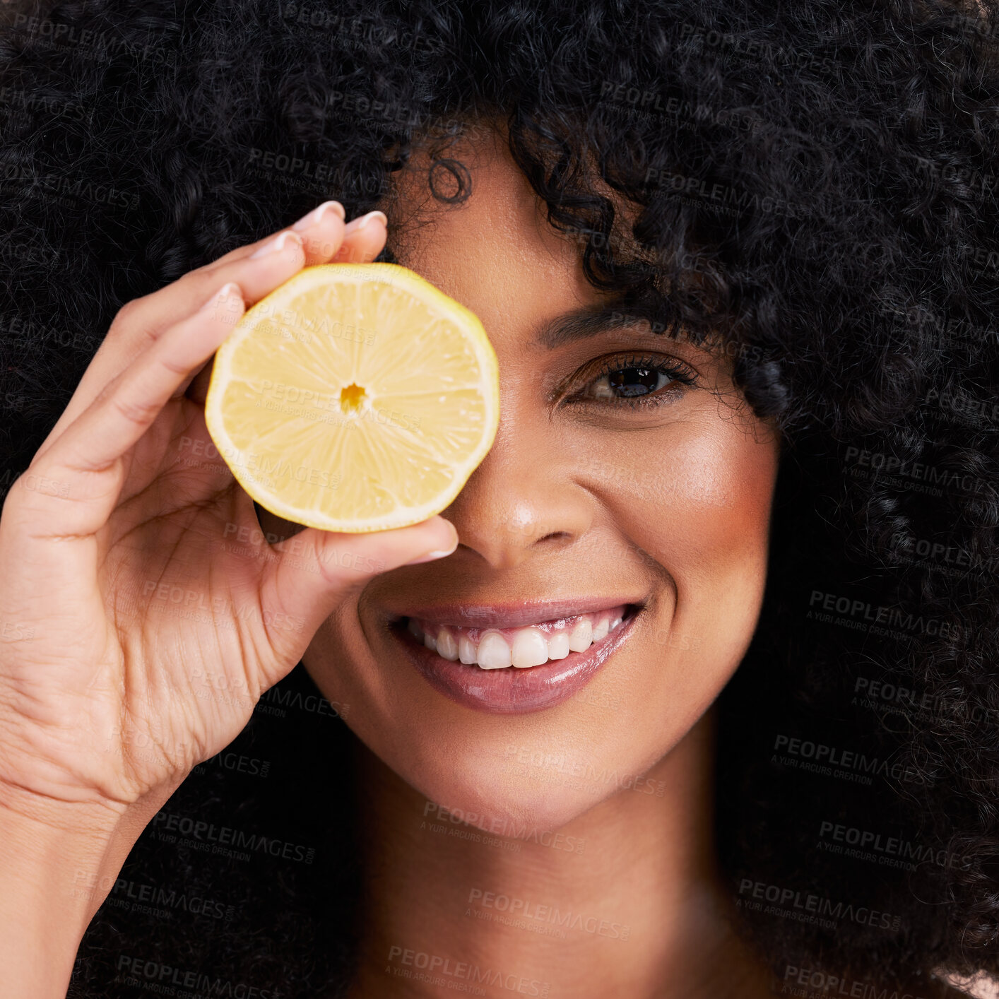 Buy stock photo Portrait face, hair care and black woman with lemon in studio isolated on a brown background. Fruit, skincare and happy female model with lemons for healthy diet, nutrition or vitamin c and minerals.