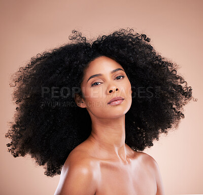 Buy stock photo Black woman, portrait or afro hair on studio background for aesthetic empowerment, curly texture pride or skincare glow. Beauty model, face or natural hairstyle and makeup cosmetics on isolated wall 