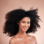 Happy black woman, portrait or afro hair on studio background in aesthetic empowerment, curly texture pride or skincare glow. Beauty model face, smile or natural hairstyle and makeup on isolated wall