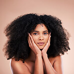 Black woman, portrait or afro hair with hands on face in aesthetic empowerment, curly texture pride or skincare glow. Beauty model, natural or hairstyle ideas and makeup on isolated studio background