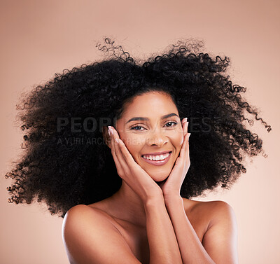 Buy stock photo Happy model, portrait and afro hair on studio background in aesthetic wellness, curly texture pride or skincare glow. Black woman beauty, happy or smile with natural hairstyle, face hands or isolated