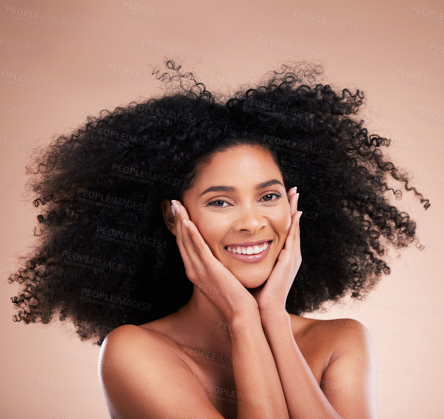 Buy stock photo Happy model, portrait and afro hair on studio background in aesthetic wellness, curly texture pride or skincare glow. Black woman beauty, happy or smile with natural hairstyle, face hands or isolated