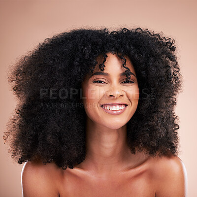 Buy stock photo Black woman, afro hair or portrait smile on studio background in empowerment pride, curly texture or skincare glow. Beauty model face, happy or natural hairstyle and makeup aesthetic on isolated wall