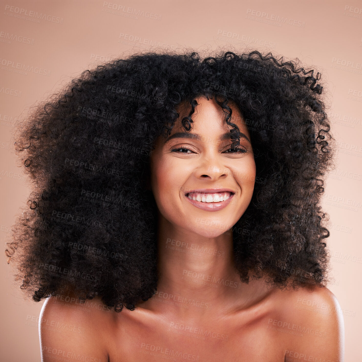 Buy stock photo Black woman, afro hair or portrait smile on studio background in empowerment pride, curly texture or skincare glow. Beauty model face, happy or natural hairstyle and makeup aesthetic on isolated wall