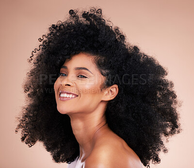 Buy stock photo Black woman, afro hair or skincare glow on studio background in empowerment pride, curly texture or healthy growth. Beauty model, happy or natural hairstyle and makeup aesthetic on isolated spa wall