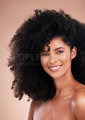 Buy stock photo Black woman, afro hair or skincare glow portrait on isolated studio background for growth management, curly texture or makeup. Beauty model, happy or smile with natural hairstyle, keratin or collagen