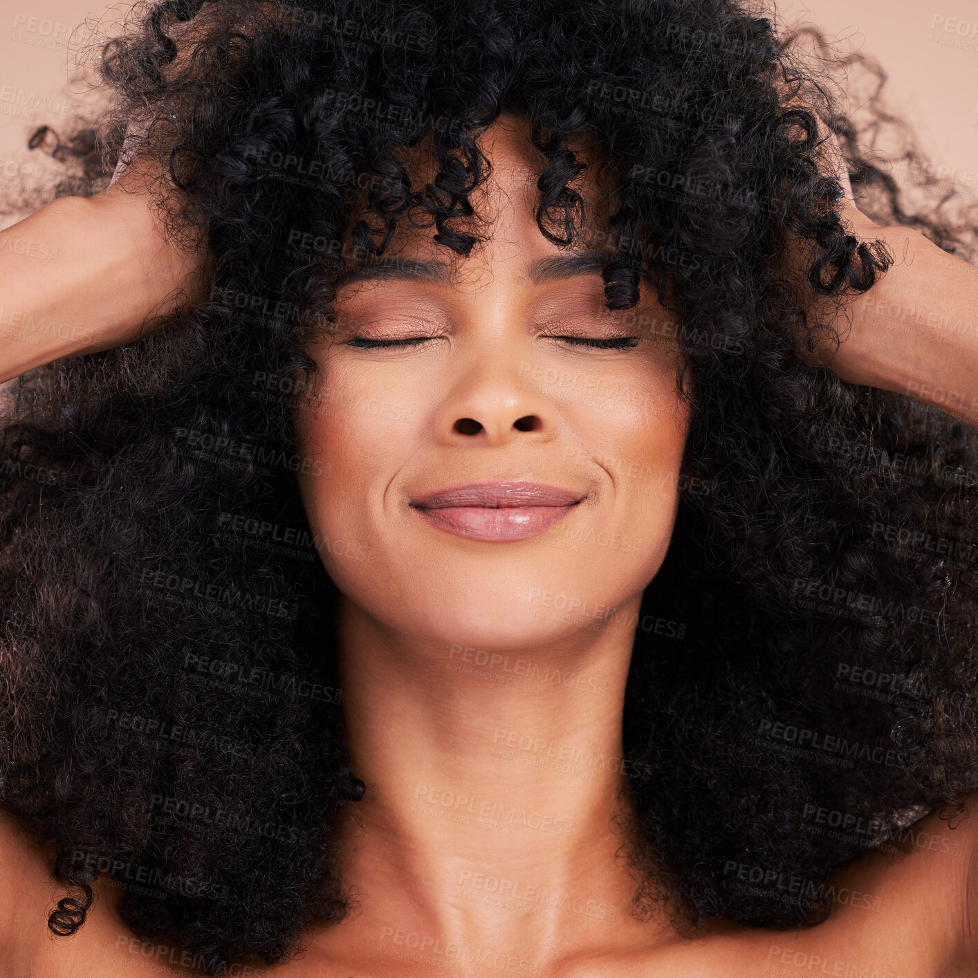 Buy stock photo Beauty, hair care and face of black woman in studio for makeup, cosmetics and skincare glow. Aesthetic model with natural curly afro for shampoo growth and shine or volume on a gradient background