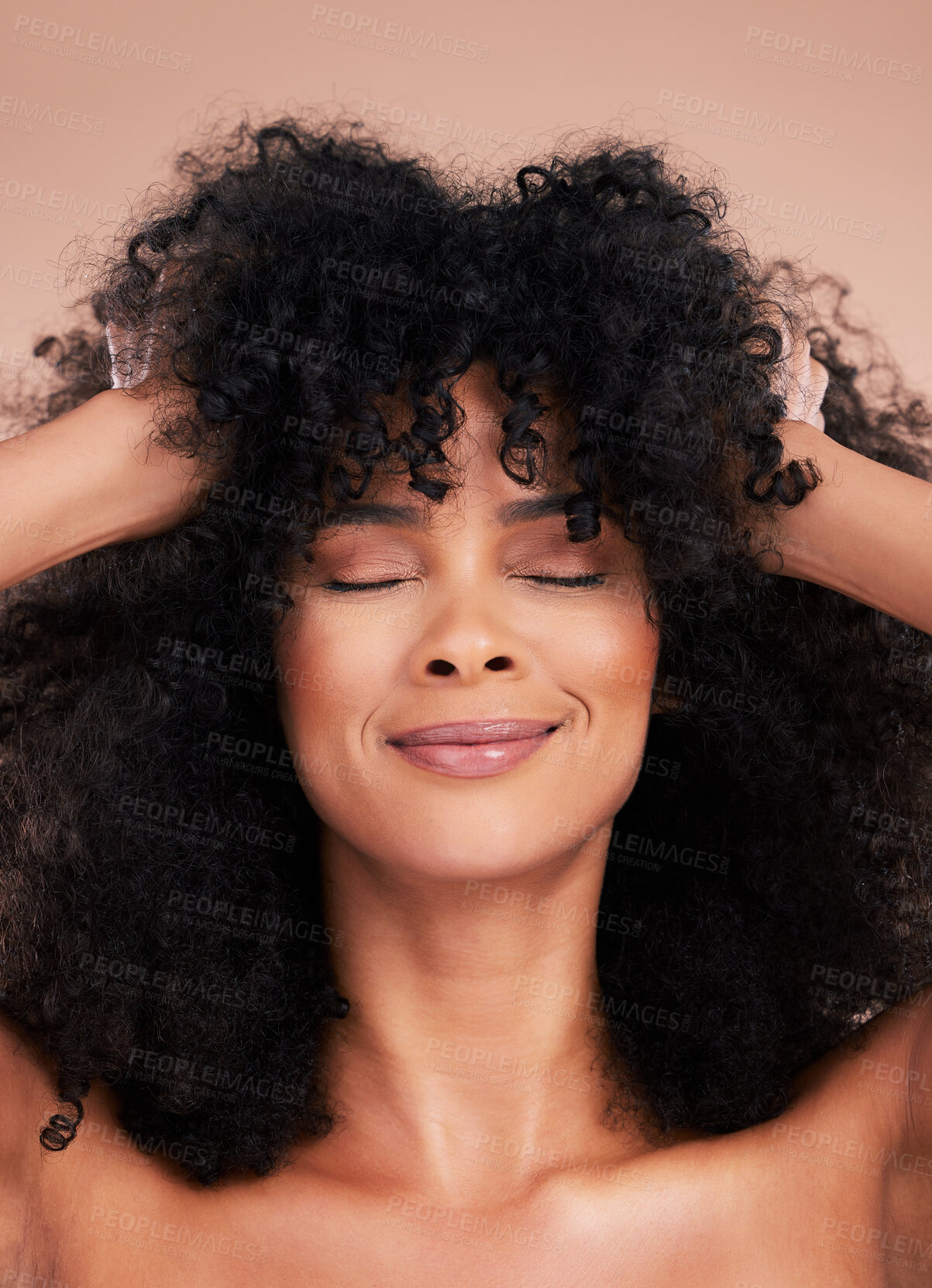 Buy stock photo Black woman, hair care and beauty of face in studio for shampoo growth and shine. Happy aesthetic model with natural curly afro for cosmetics, facial skincare and makeup glow on a studio background