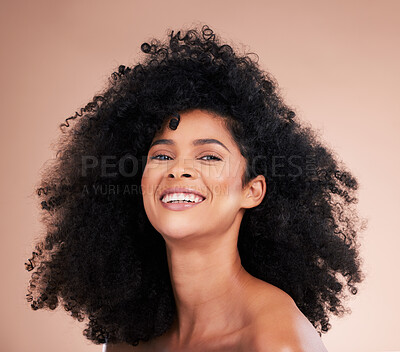 Buy stock photo Model, afro hair or beauty portrait on studio background for aesthetic empowerment, curly texture or skincare glow. Happy black woman, face or natural hairstyle and makeup cosmetics on isolated wall 