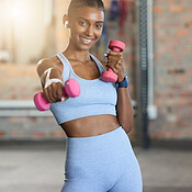 Woman, fitness and stretching arms getting ready for exercise, workout or  training at gym. Portrait of serious female in warm up arm stretch in  preparation for sports exercising, cardio or wellness