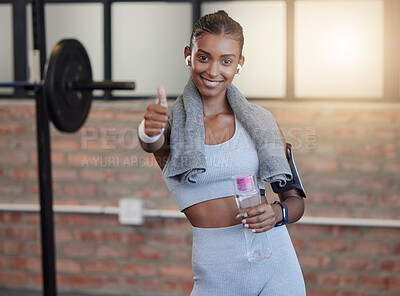 Buy stock photo Woman, fitness and portrait smile with thumbs up for good job, workout success or thank you with water bottle at gym. Happy sporty female smiling showing thumb up emoji, yes sign or like for exercise