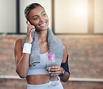 Woman, fitness and phone call with smile for communication, workout or exercise at the gym. Happy female smiling on smartphone in conversation, discussion or talking about training at health club