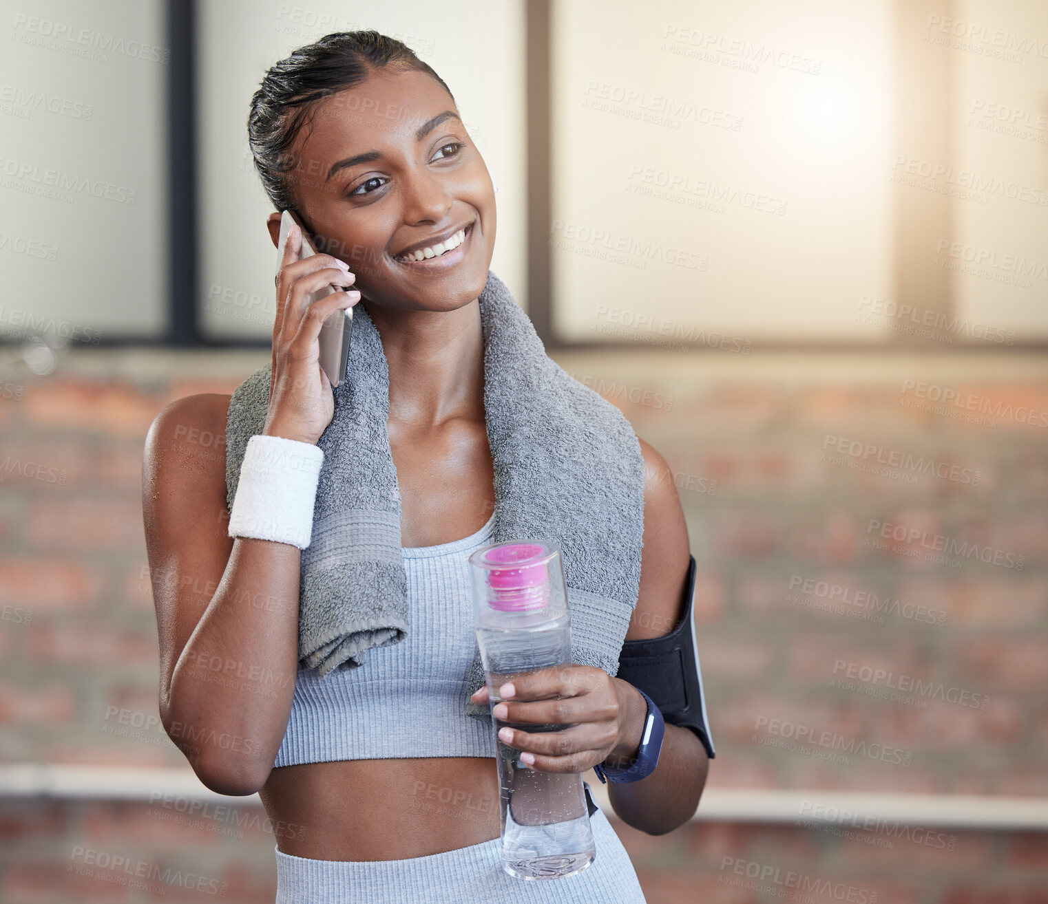 Buy stock photo Woman, fitness and phone call with smile for communication, workout or exercise at the gym. Happy female smiling on smartphone in conversation, discussion or talking about training at health club