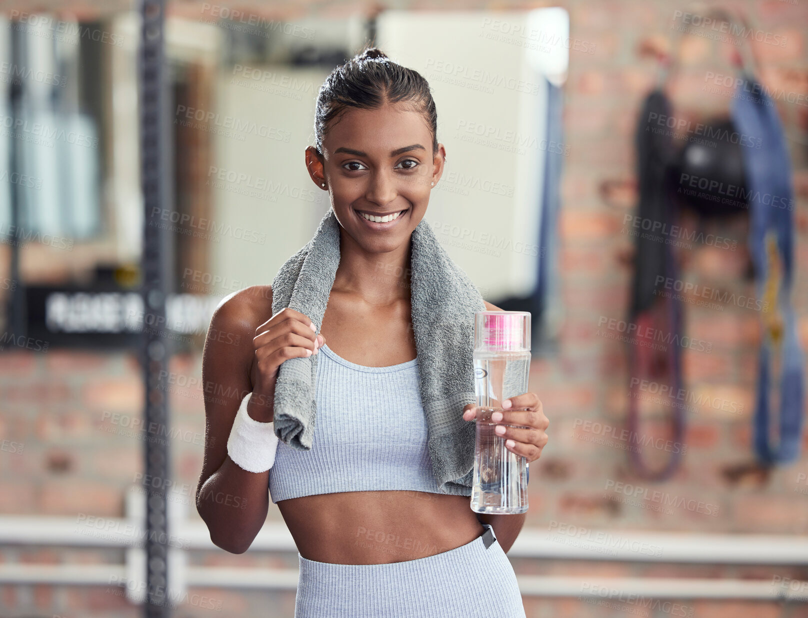 Buy stock photo Woman, fitness and portrait smile with water bottle and sweat towel for exercise, workout or training at gym. Happy female smiling with drink for refreshment, hydration or healthy cardio wellness