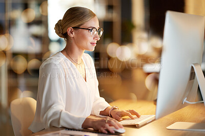 Buy stock photo Serious, research and woman on a computer for email, software development and programming. Web design, database and employee working on coding analytics and deadline as a programmer on a pc at work