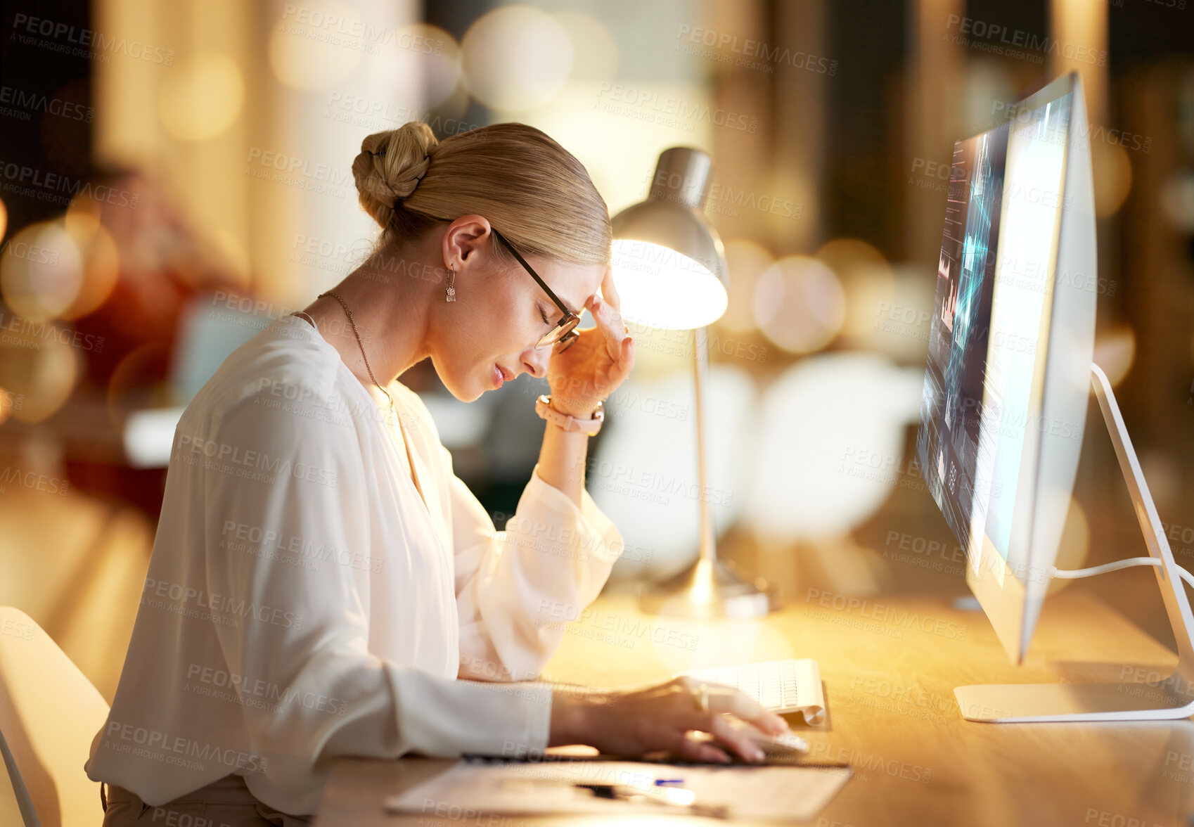 Buy stock photo Business woman, headache or computer hologram screen in night office for finance planning stress, insurance fail or stock market loss. Technology abstract, 3d or cybersecurity hack for worker burnout