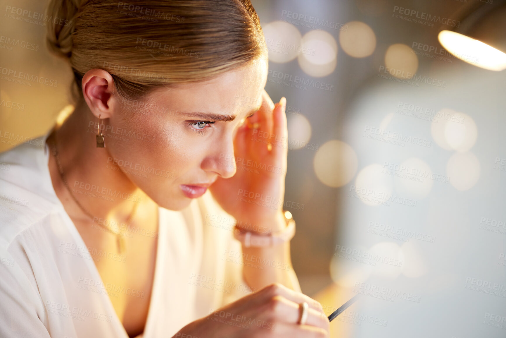 Buy stock photo Business woman, stress and headache in night office for finance planning bokeh, insurance crisis mock up or stock market loss. Anxiety, migraine and pain for working late employee on mockup burnout