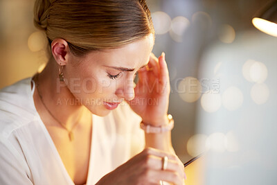 Buy stock photo Business woman, stress and headache in night office for financial planning bokeh, insurance crisis mock up or stock market loss. Anxiety, migraine and pain for working late employee on mockup burnout