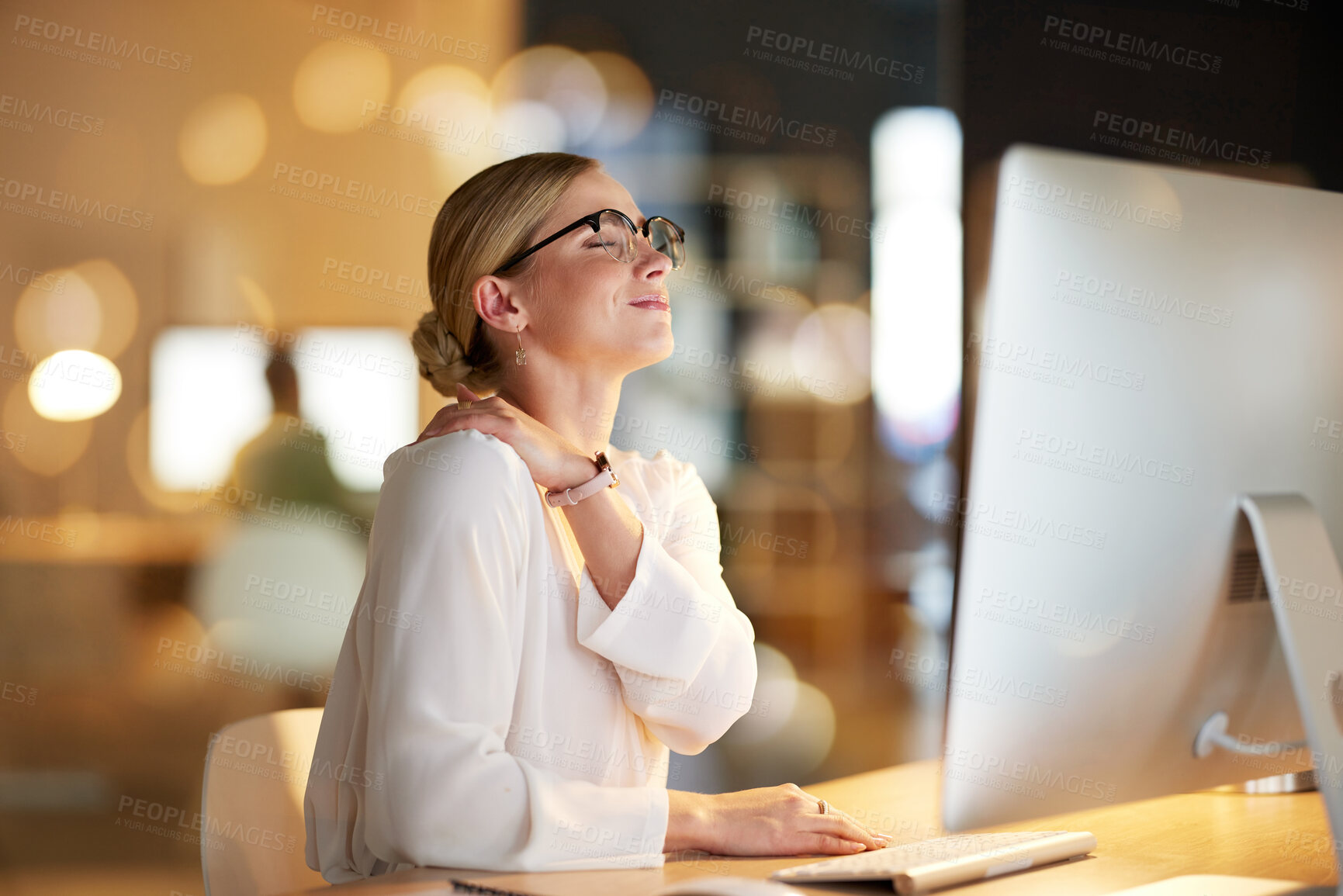 Buy stock photo Night, business and woman shoulder pain, burnout and stress for planning, new project and inflammation. Ceo, female leader and manager working late, overworked and injury with bruise and emergency 