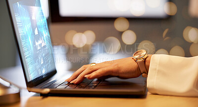 Buy stock photo Woman hands, laptop or hologram screen in office, financial planning or investment management analytics. Zoom, keyboard or business on technology abstract 3d, futuristic interactive budget or fintech