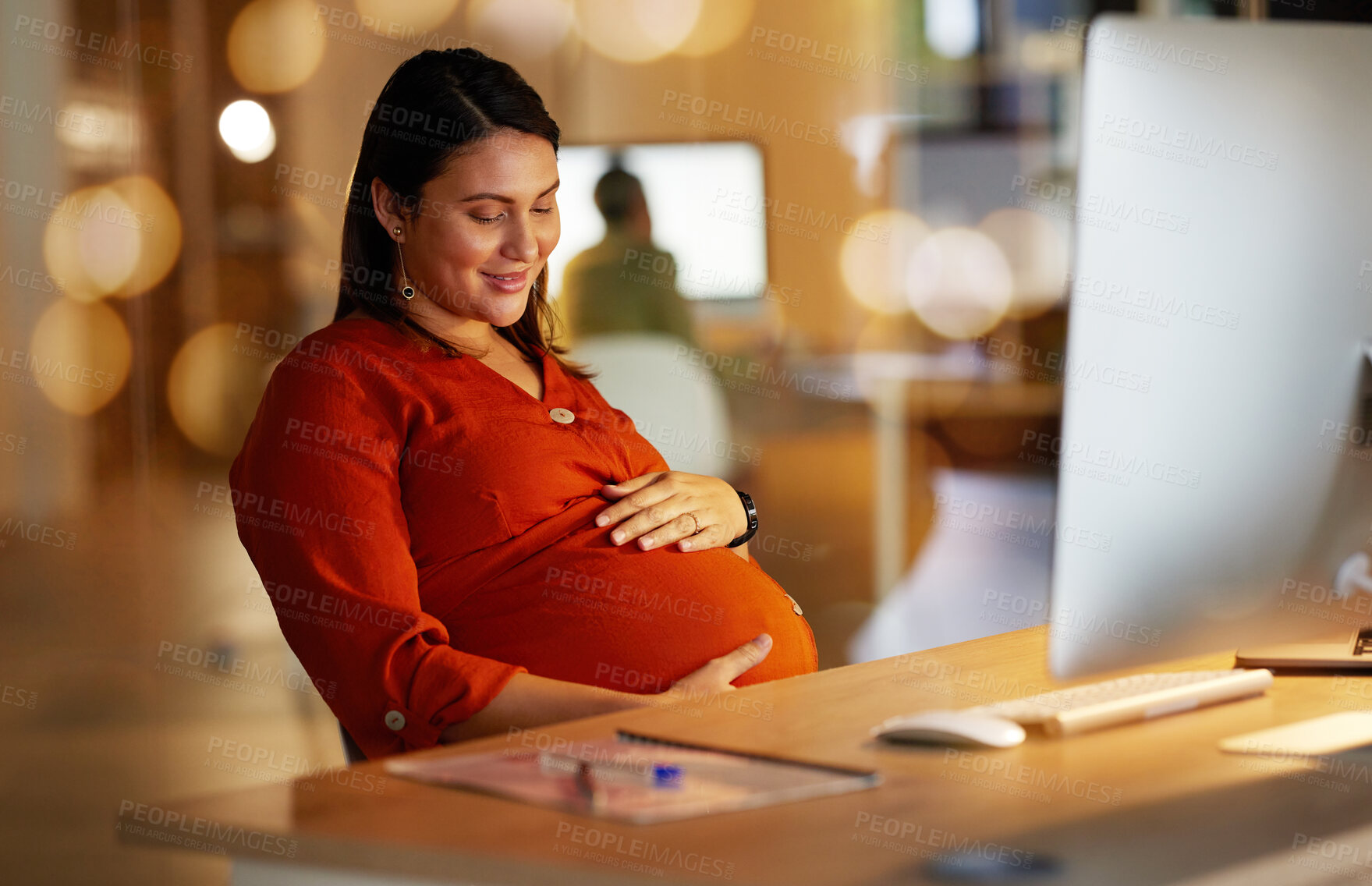 Buy stock photo Pregnant, stomach and business woman in office with happy, love and excited for future baby at desk. Maternity leave, pregnancy and female worker working late at night with happiness, hope and relax