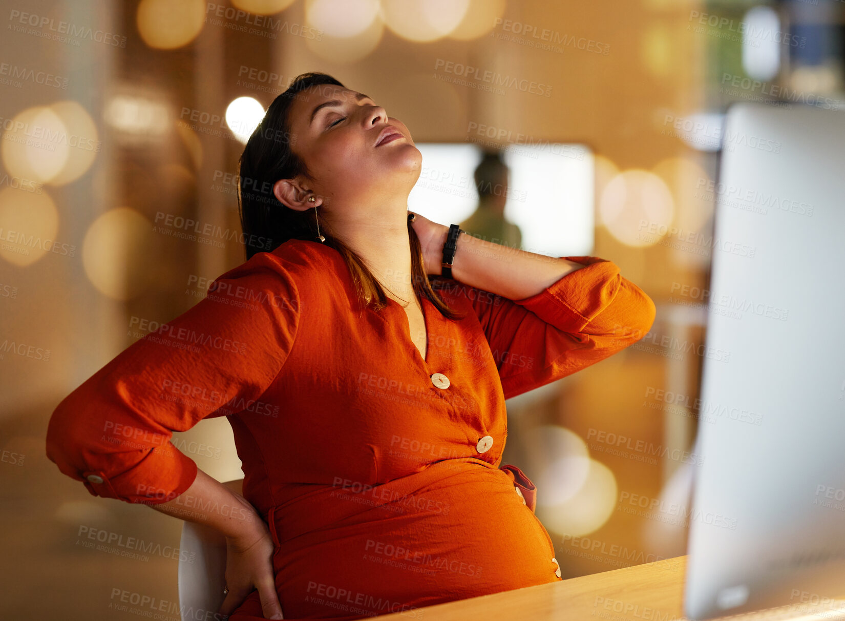 Buy stock photo Pregnant, back pain and business woman on computer for working on project, website research and planning. Corporate office, pregnancy and tired female worker with headache, stress and burnout at desk