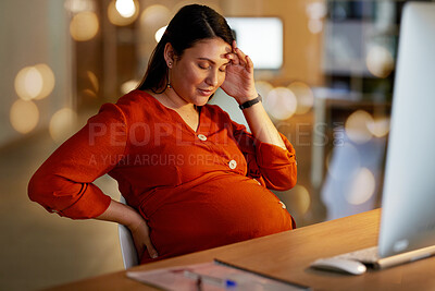 Buy stock photo Pregnant, headache and business woman in office for working on project, strategy deadline and planning. Maternity leave, pregnancy and tired female worker with fatigue, stressed and burnout at desk