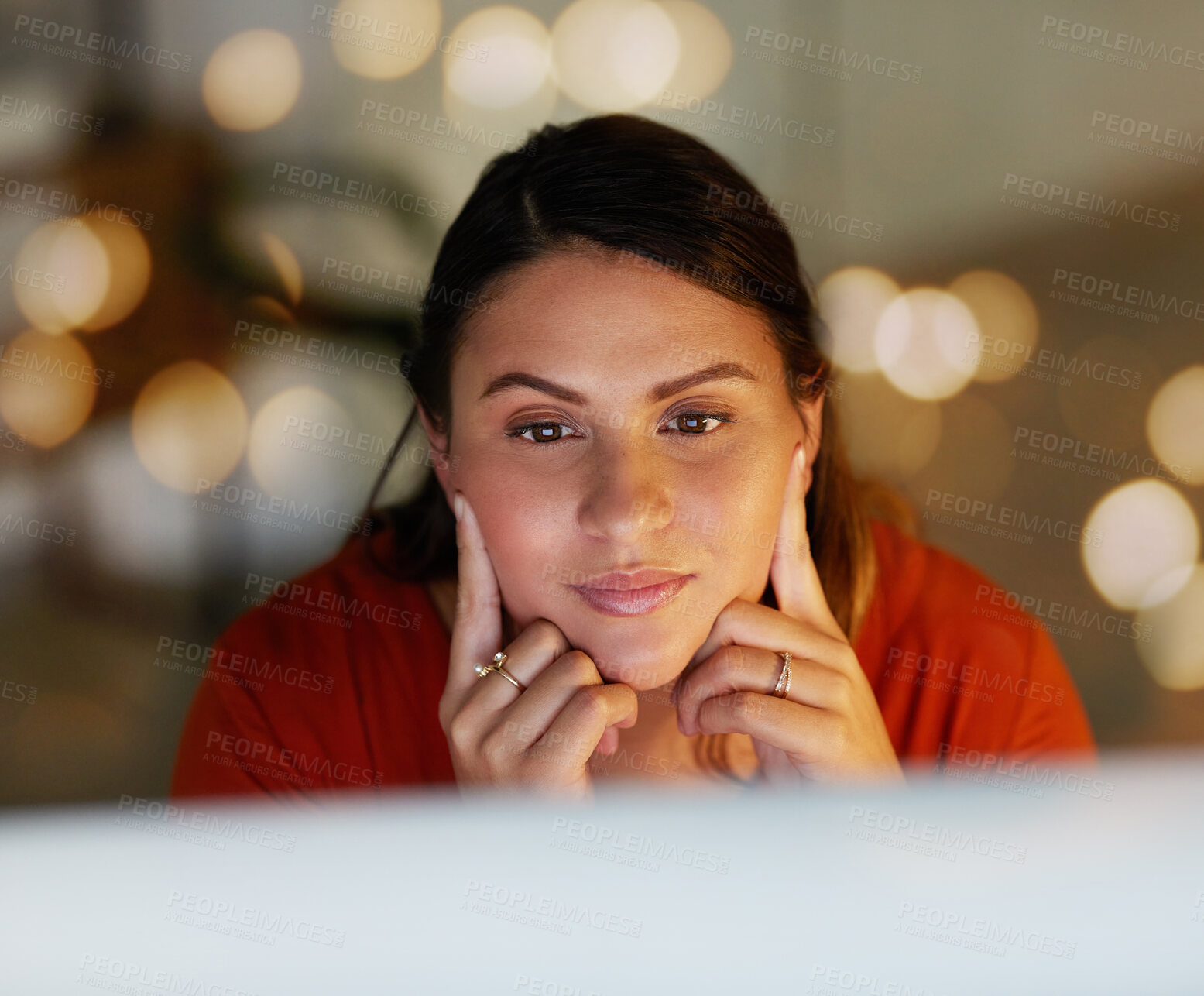 Buy stock photo Business woman, face and reading on computer screen, focus and editor thinking, research with bokeh overlay. Female in office, contemplating and data analysis, check article for blog or read email