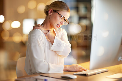 Buy stock photo Night, employee and woman shoulder pain, stress and overtime for business deal, startup and deadline. Leader, female manager and entrepreneur with injury, tired and bruise in office and working late