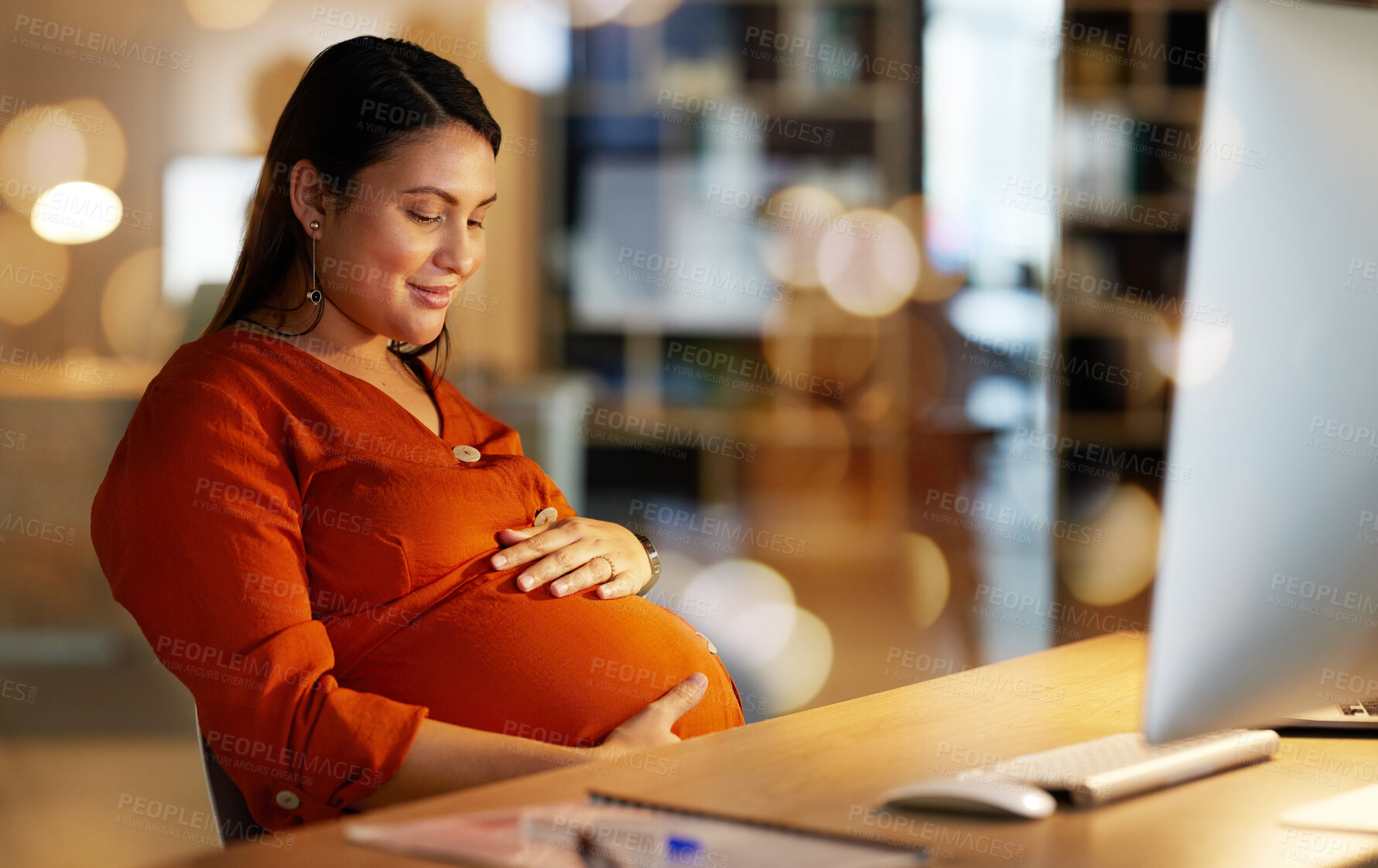 Buy stock photo Pregnant, office and happy business woman on computer working late on project, website research and planning. Corporate, pregnancy and female worker happy, hope and excited for future baby at night