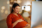 Pregnant, stomach and business woman in office on computer excited, happy and smile for future baby. Corporate work, pregnancy and female worker holding abdomen for love, affection and hope at desk