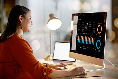 Buy stock photo Business worker, screen or computer data analytics in night office for financial planning, company budget or startup accounting. Chart, graph or infographic on technology for woman smile in finance